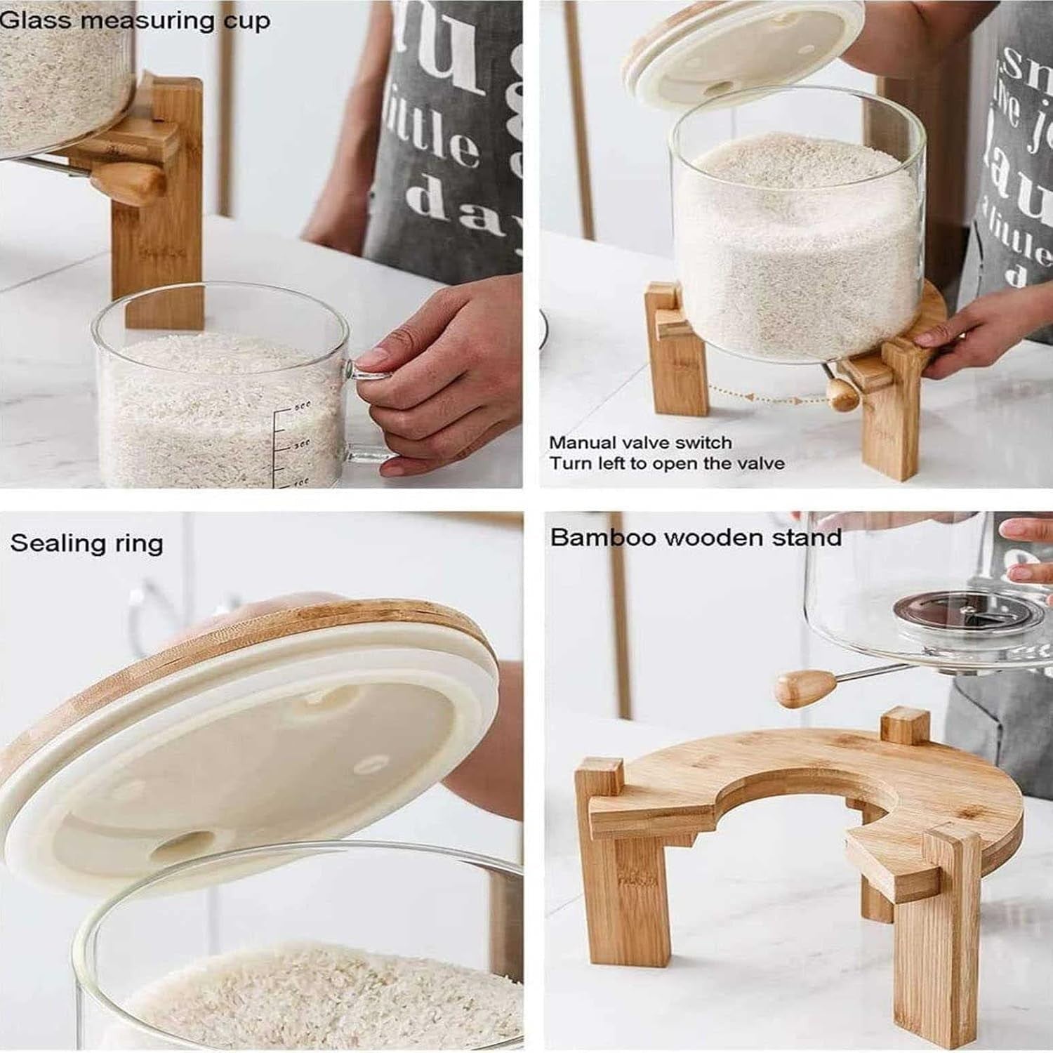 Glass Rice Dispenser 8L Airtight Storage Container Wooden Stand Bin