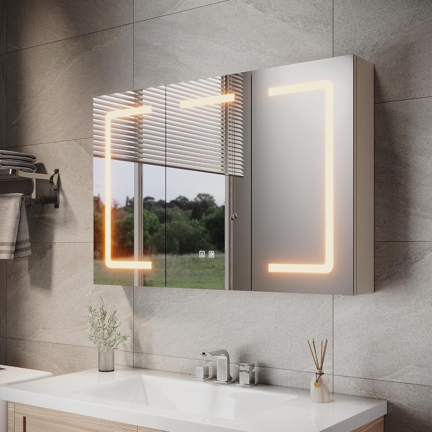 LED Bathroom Mirror Cabinet 900x600mm 3 Door with Shaver Socket & Defogger