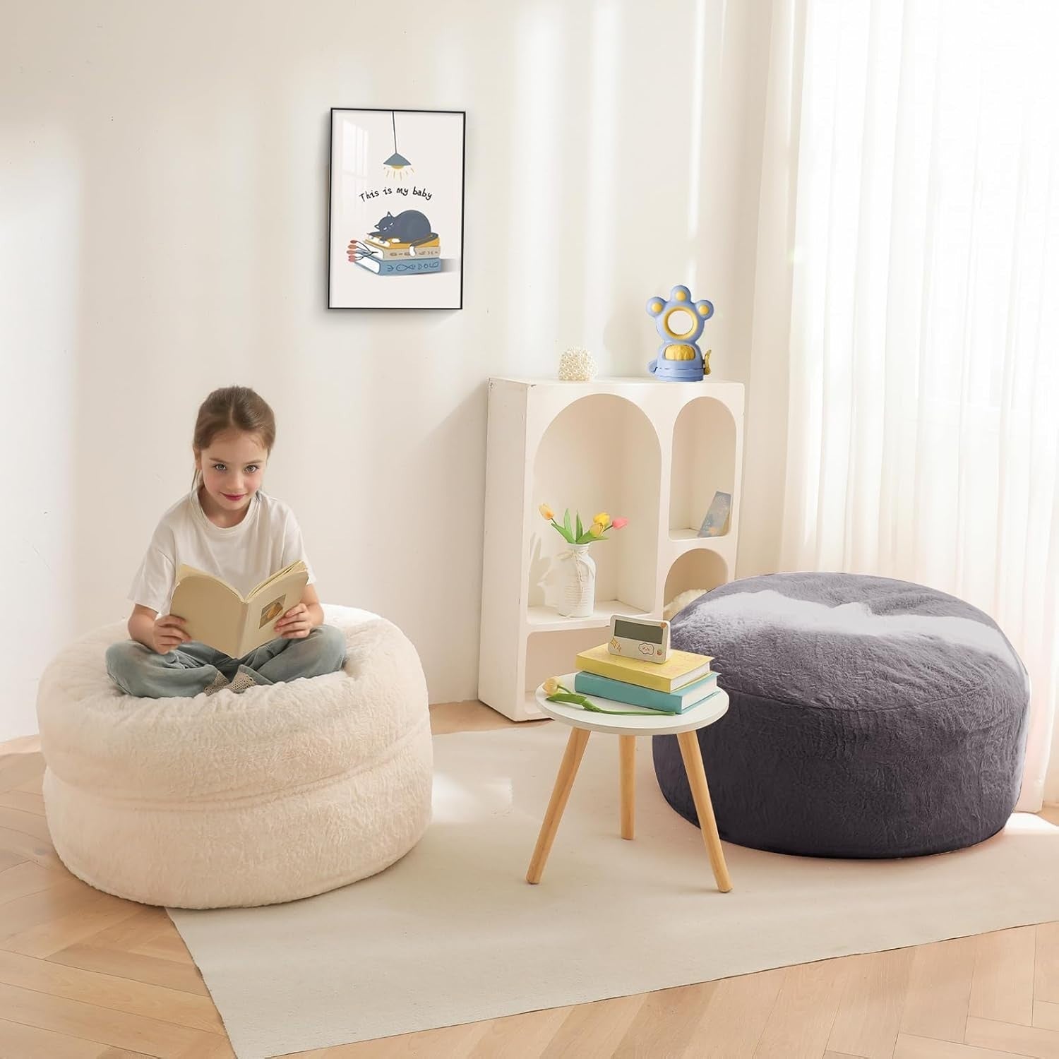 Convertible Kids Bean Bag Chair Bed Faux Fur Lounger Sofa Mattress