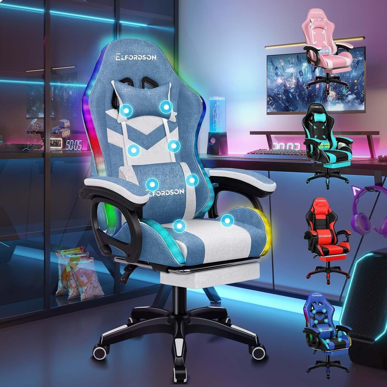 Gaming Chair RGB LED Light 8-Point Massage Recliner PC Office Desk Swivel White