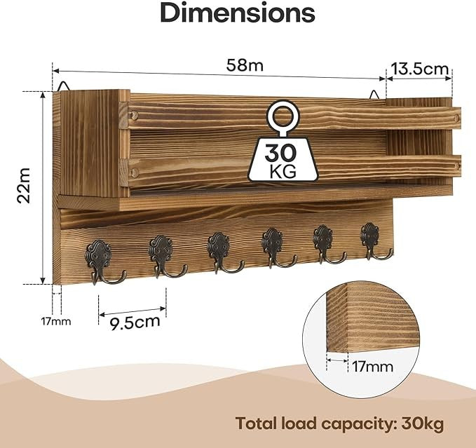 Rustic Wall Mounted Coat Rack 58cm | Wooden Shelf with 6 Metal Hooks for Coats