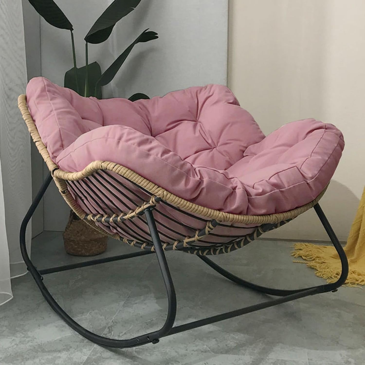 Pink Papasan Rocking Chair Oversized Cushioned Rattan Lounge Indoor Outdoor