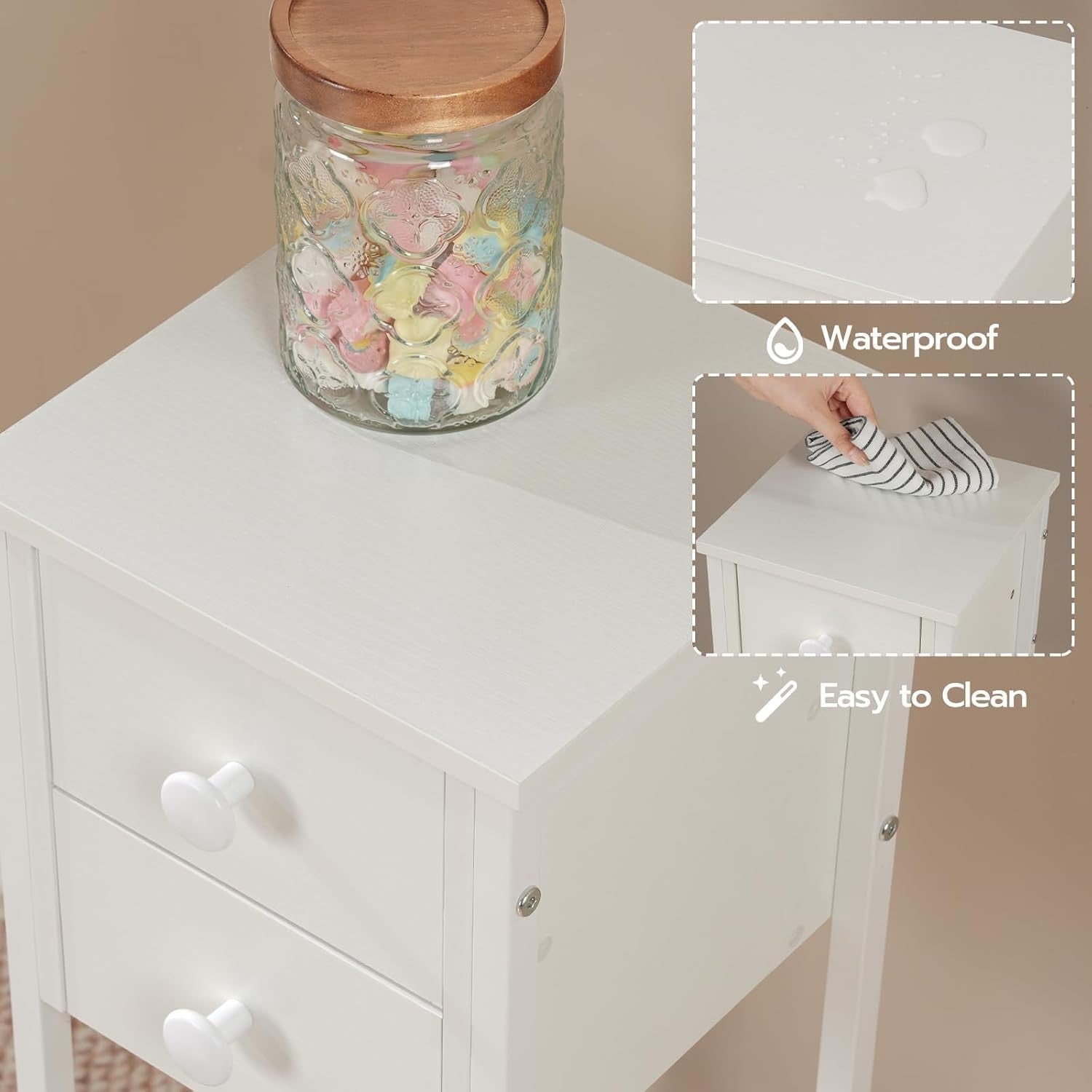 Set of 2 Slim White Bedside Tables with Drawer & Shelf – Narrow Tall Side Tables
