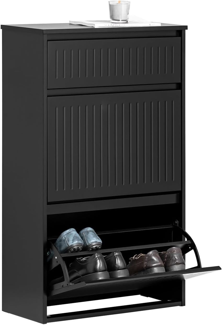 Slim Black Shoe Storage Cabinet 2 Flip + 1 Pull-Out Drawer, Space Saver