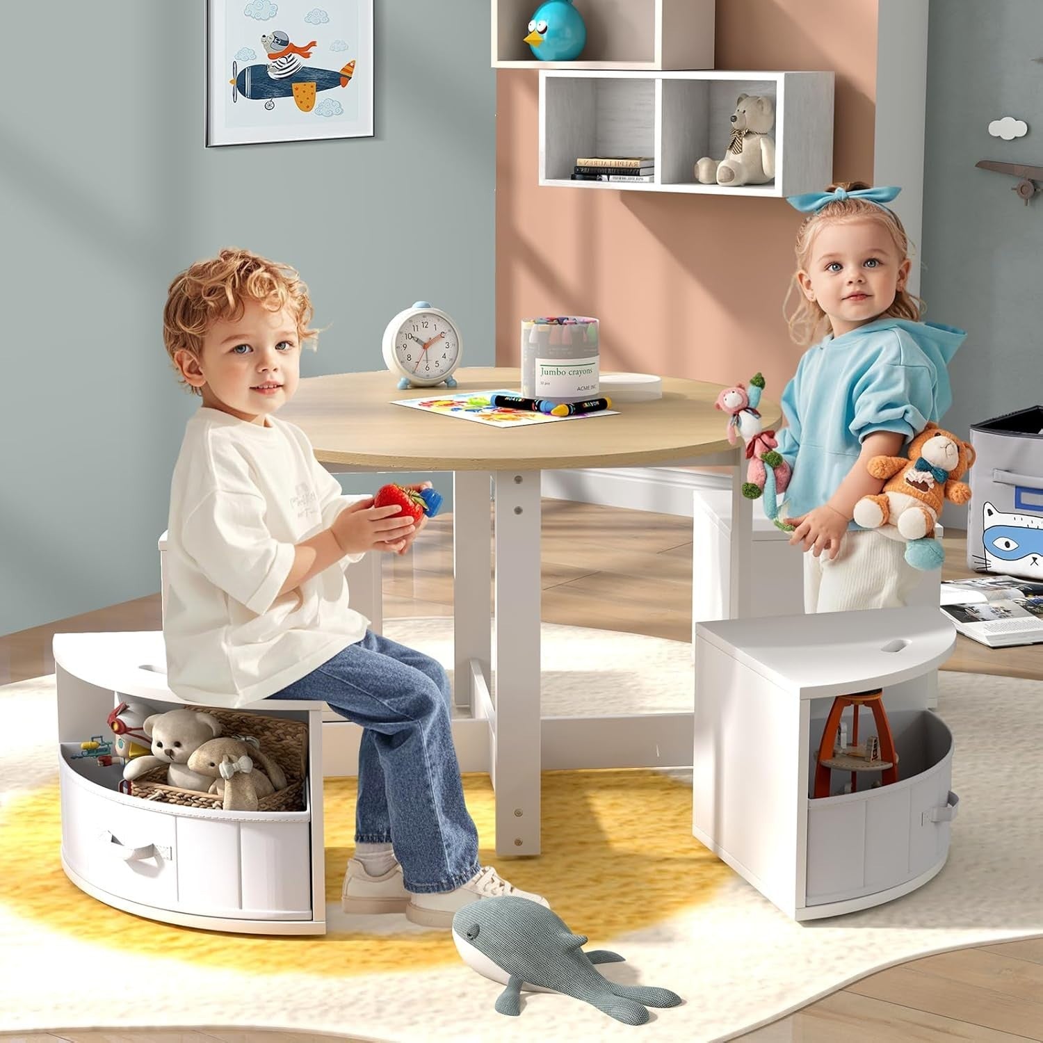 Kids Round Table & 4 Storage Stools Set with Fabric Drawers for Play & Learn