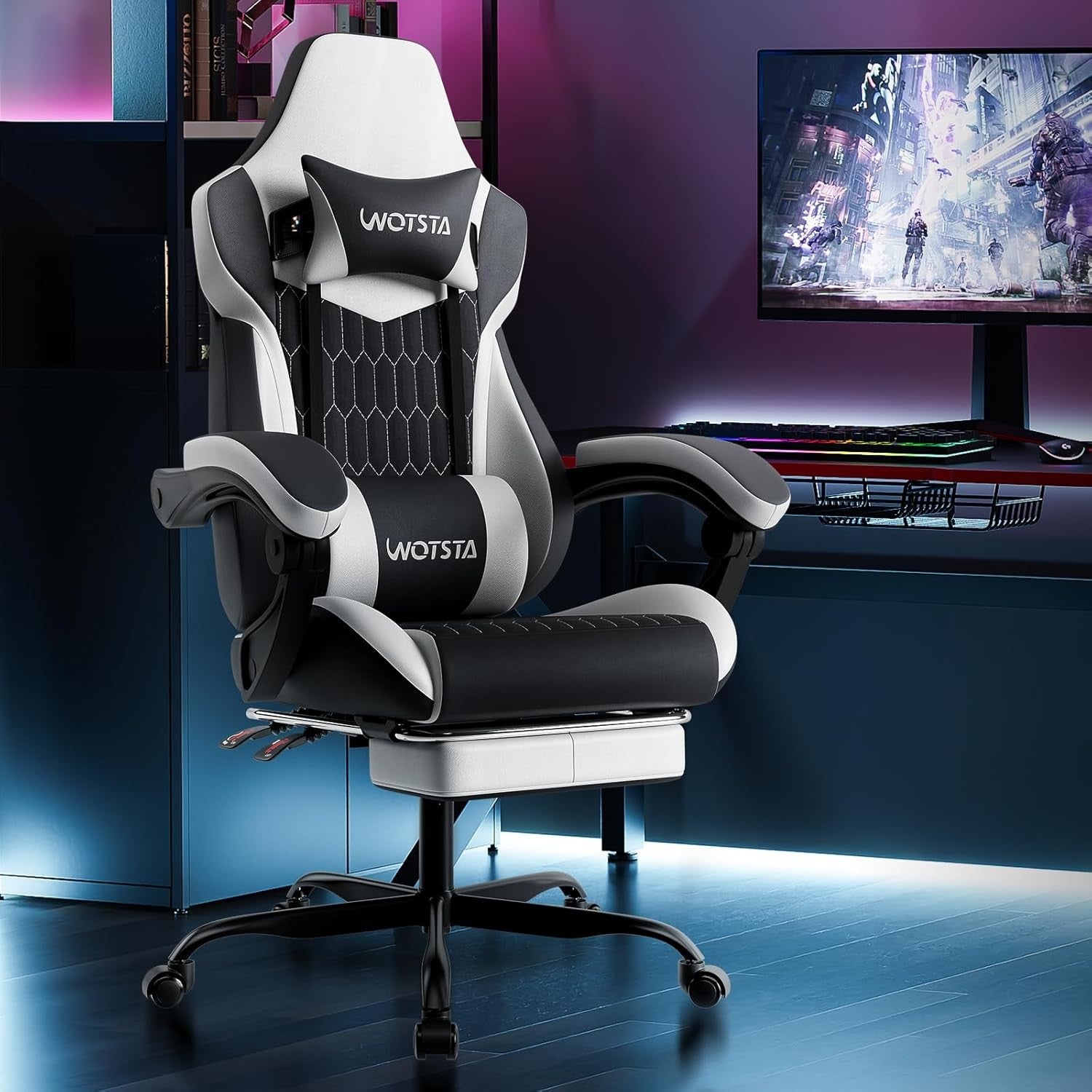 Ergonomic Gaming Chair w/ Footrest & Lumbar Support Black White