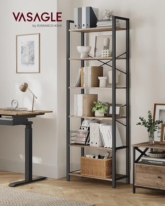 6-Tier Industrial Bookshelf Tall Greige Metal Wood Storage Shelving Unit