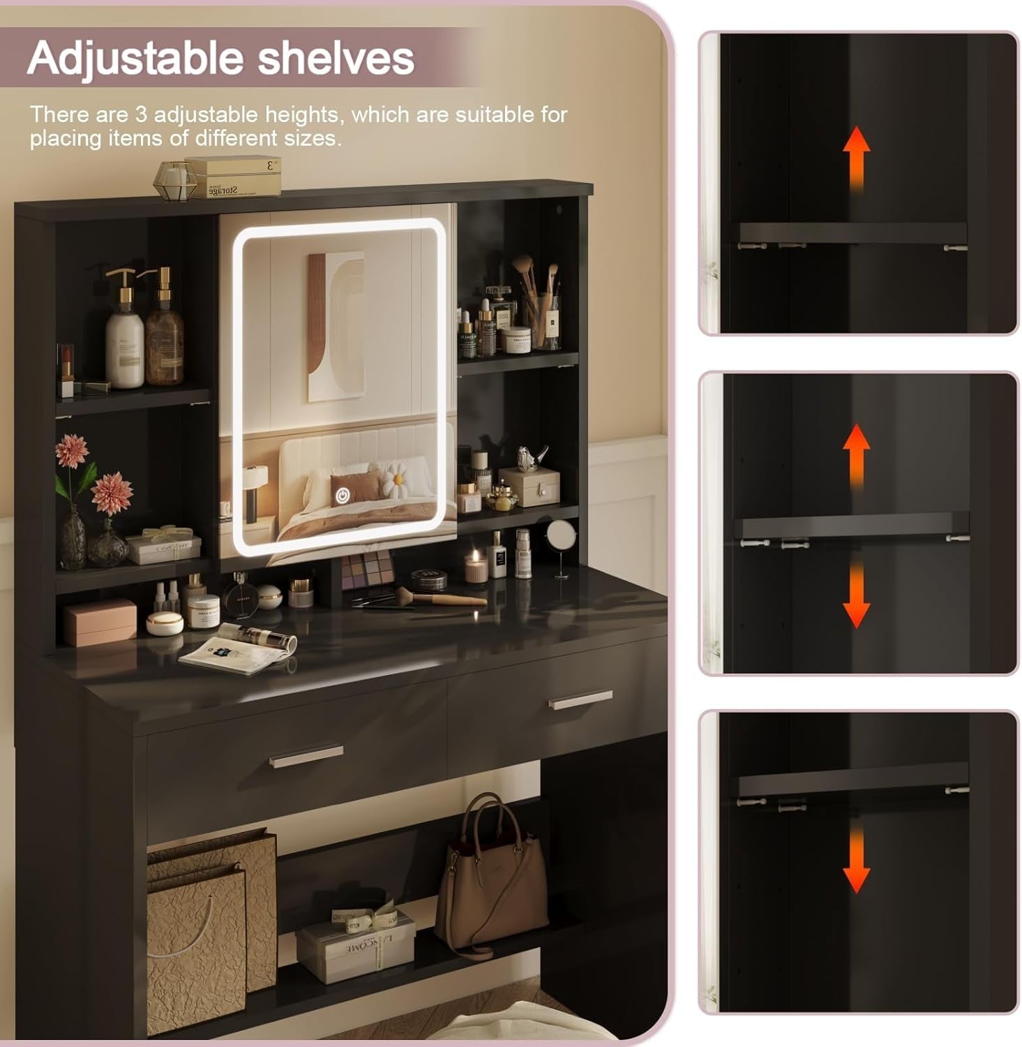 Modern Dressing Table Vanity w/LED Mirror Lights 2 Drawers Storage Black