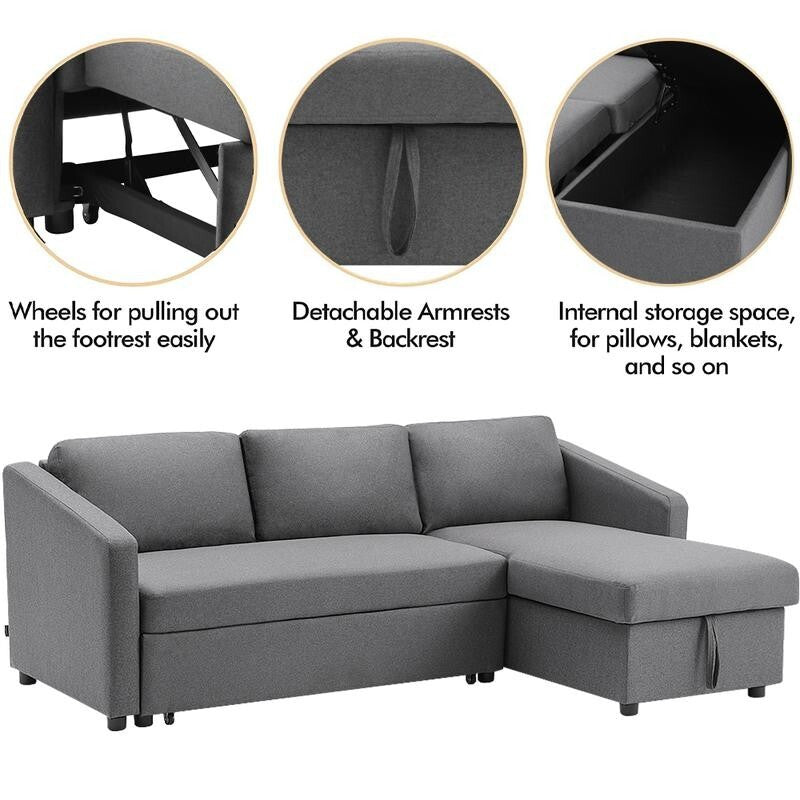 Grey Corner Sofa Bed with Storage 3 Seater Pull Out Sleeper Couch for Flats
