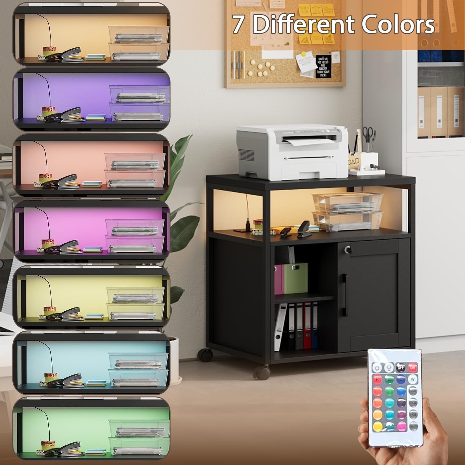 Black LED Mobile File Cabinet 65cm Lockable Printer Stand