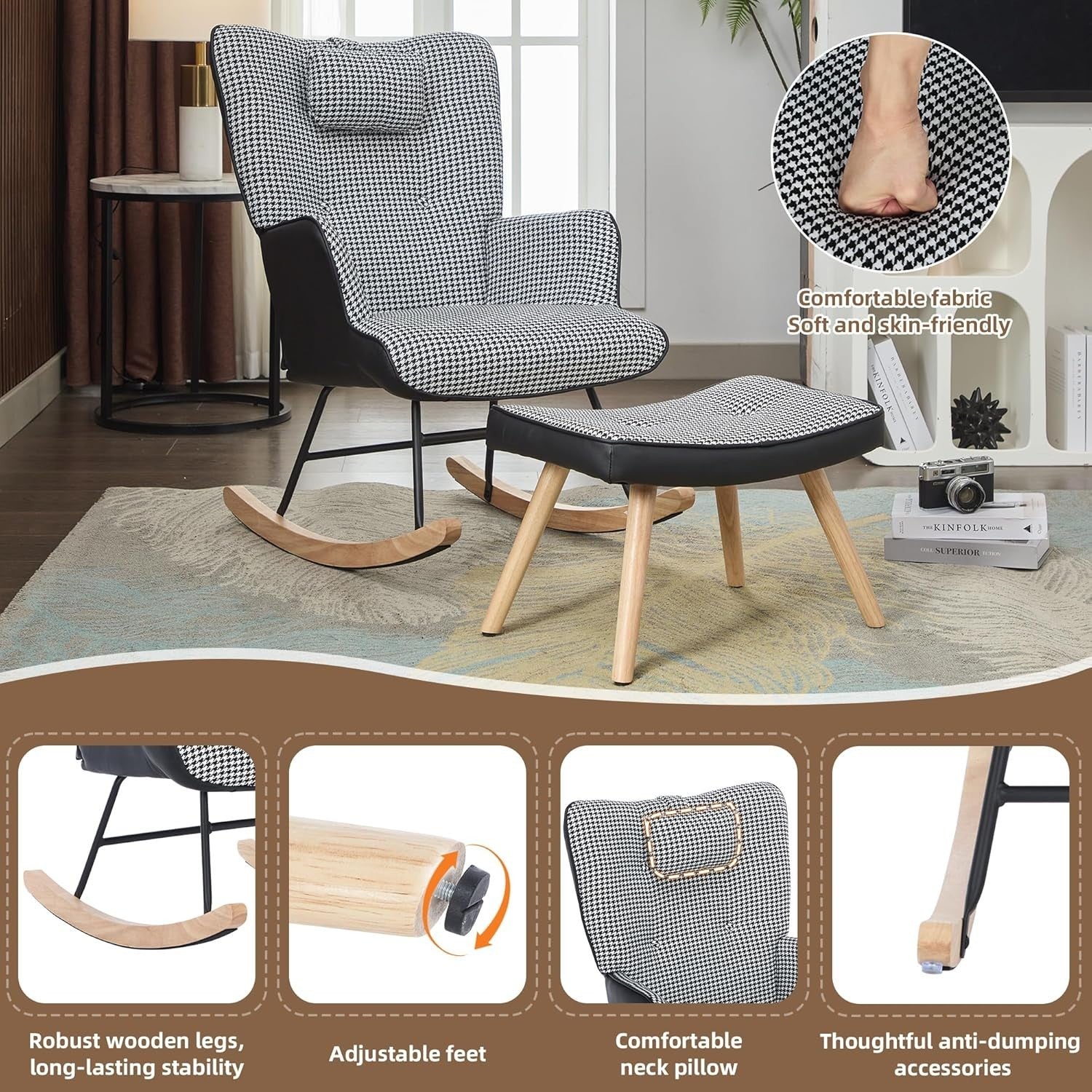 Houndstooth Rocking Chair w/ Footstool & Pillow Lounge Seat for Nursery