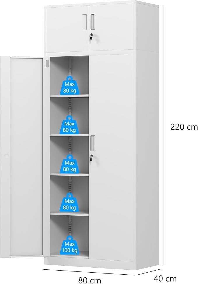 Tall White Metal Storage Cabinet with Lockable Doors 4 Adjustable Shelves
