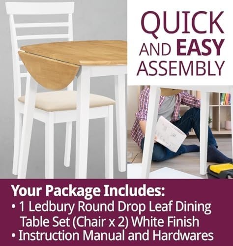 Small White Folding Dining Table Set Round Drop Leaf Table with 2 Chairs