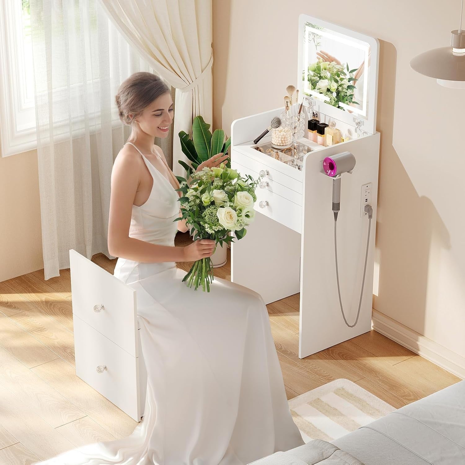 Vanity Makeup Desk Table Set 3-in-1 LED Mirror Computer Hidden Storage (77 chara