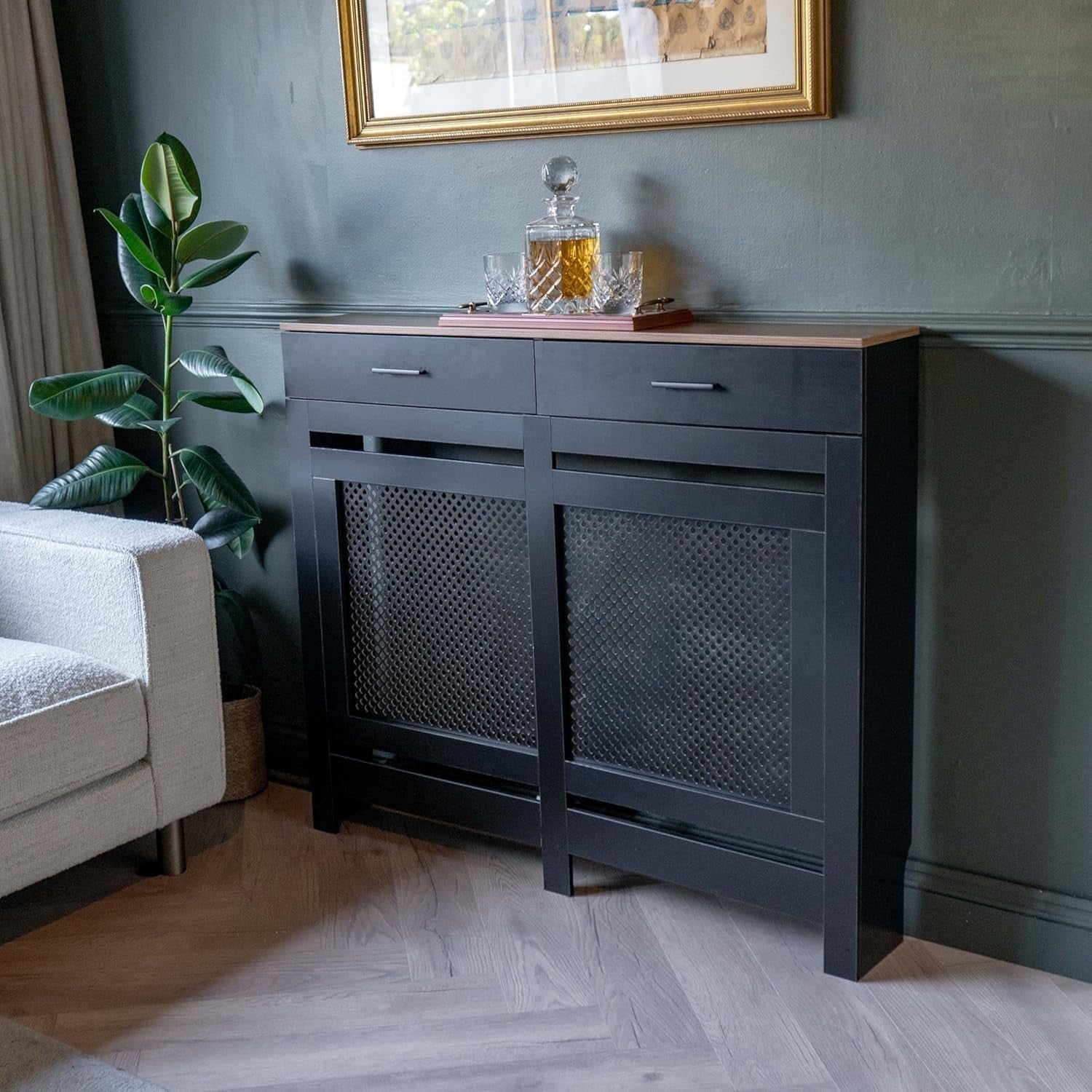 Black Radiator Cover with Drawer Diamond Slat W112xH96cm