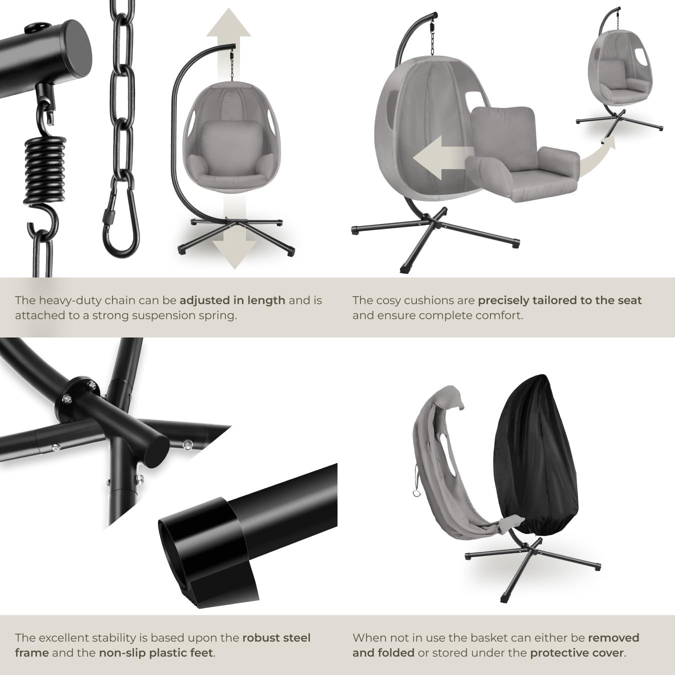 Swivel Hanging Egg Chair with Stand & Comfort Cushion for Indoor Outdoor Use