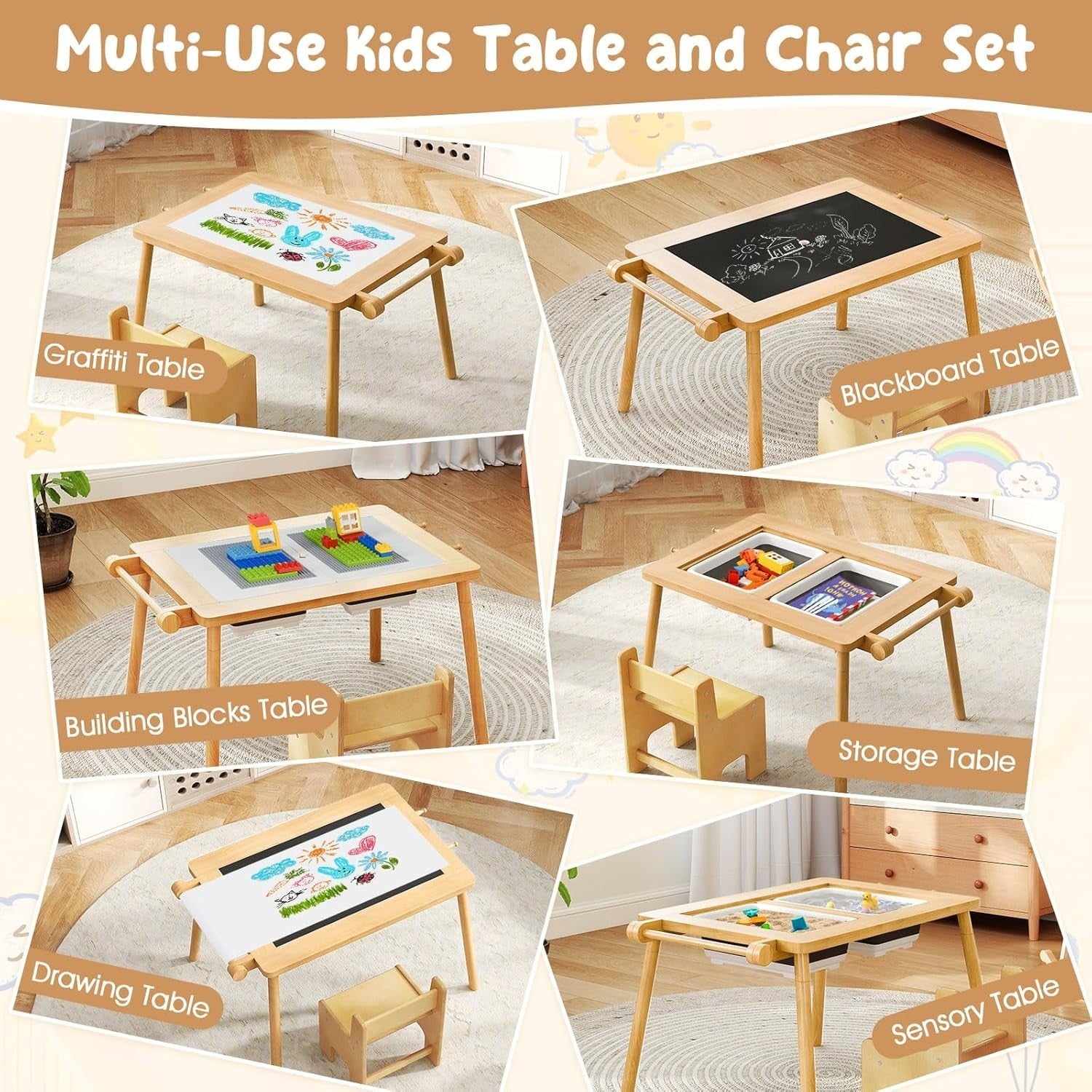 Kids Sensory Table & Chair Set with Sand, Water Bins, Paper Roll & Storage