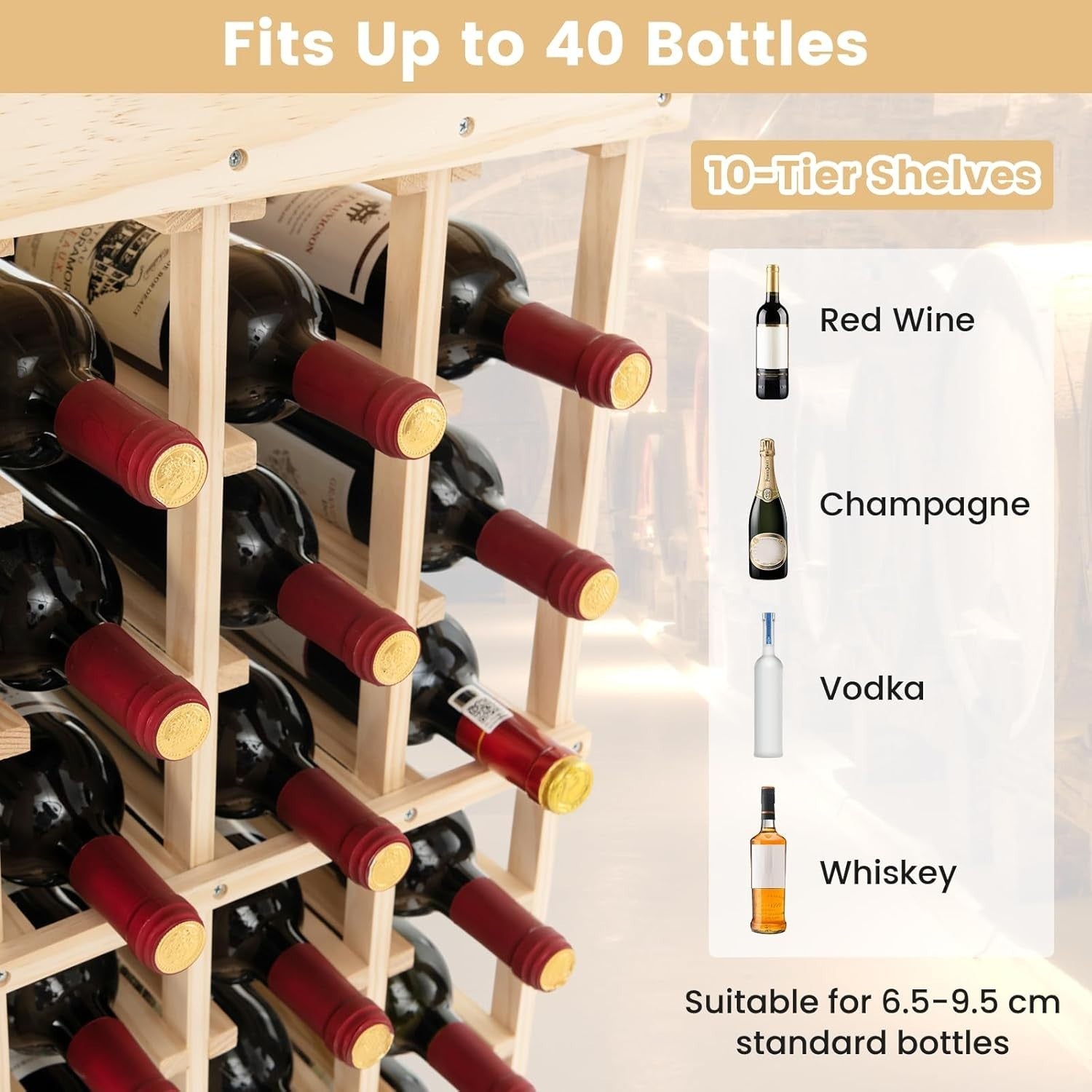 40 Bottle Wood Wine Rack 10-Tier Freestanding Storage Shelf for Home Bar