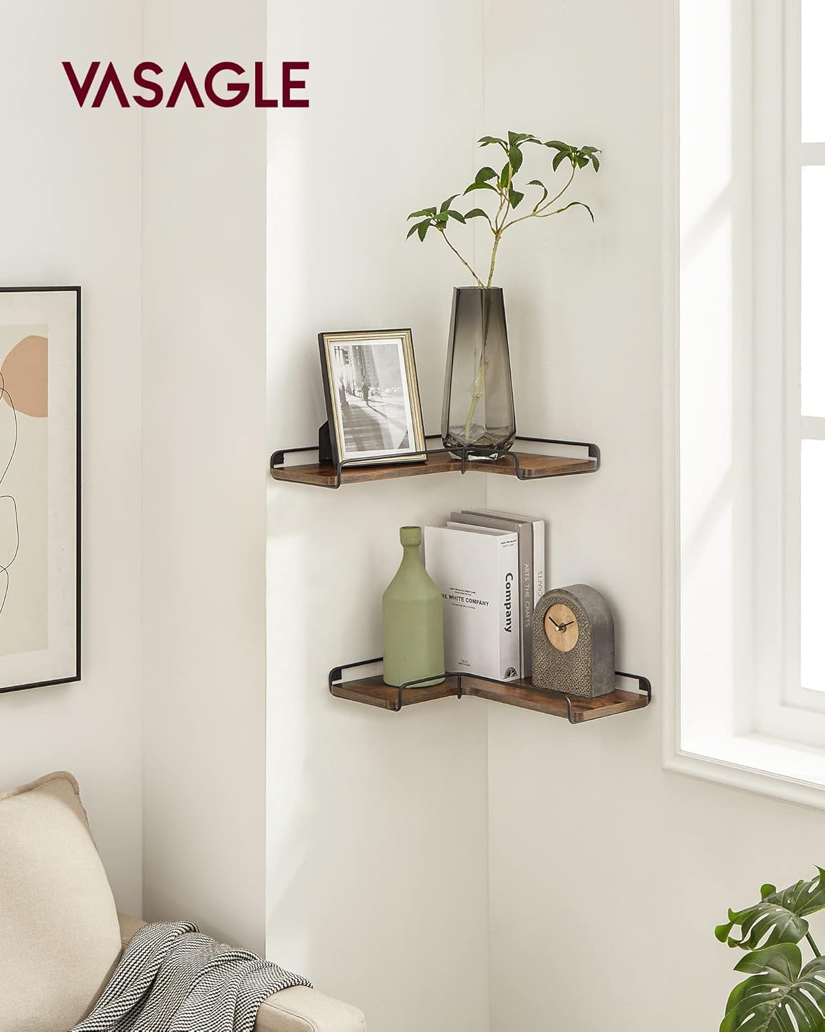 Rustic L-Shaped Floating Corner Shelves Set of 2 Wall Mounted Storage Rack