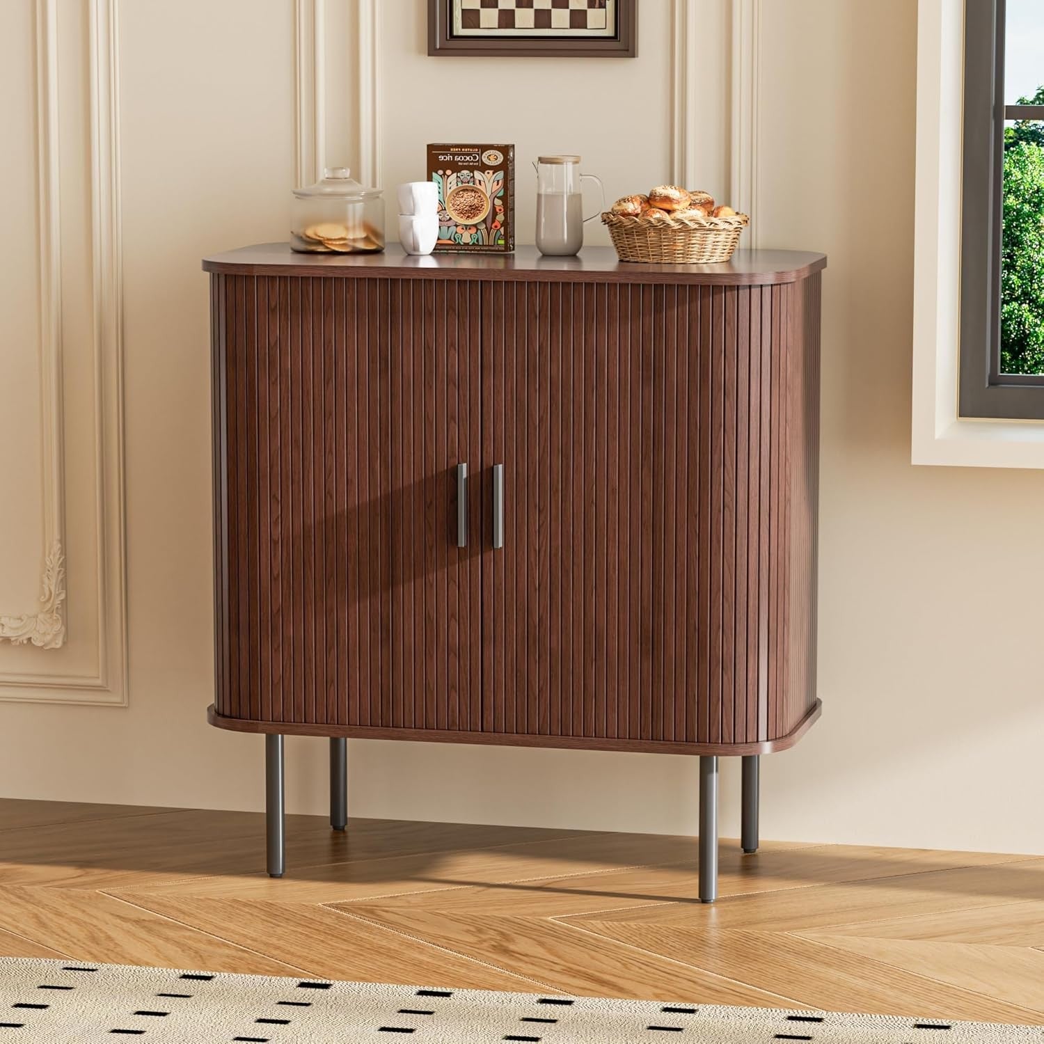 Walnut Sideboard Buffet Cabinet with Sliding Tambour Doors & Storage Shelf
