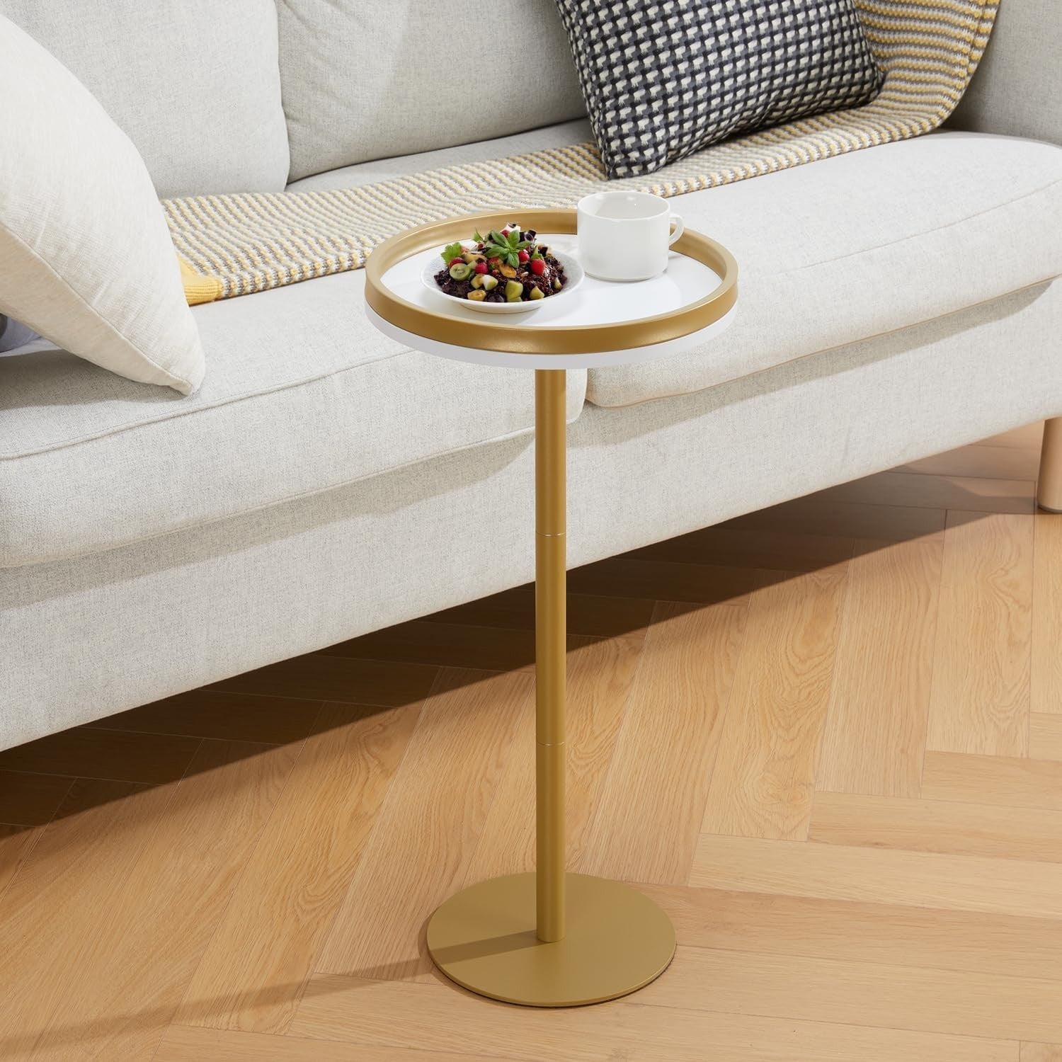 Small Round Coffee Table – 30x30x63cm Side Table White + Gold