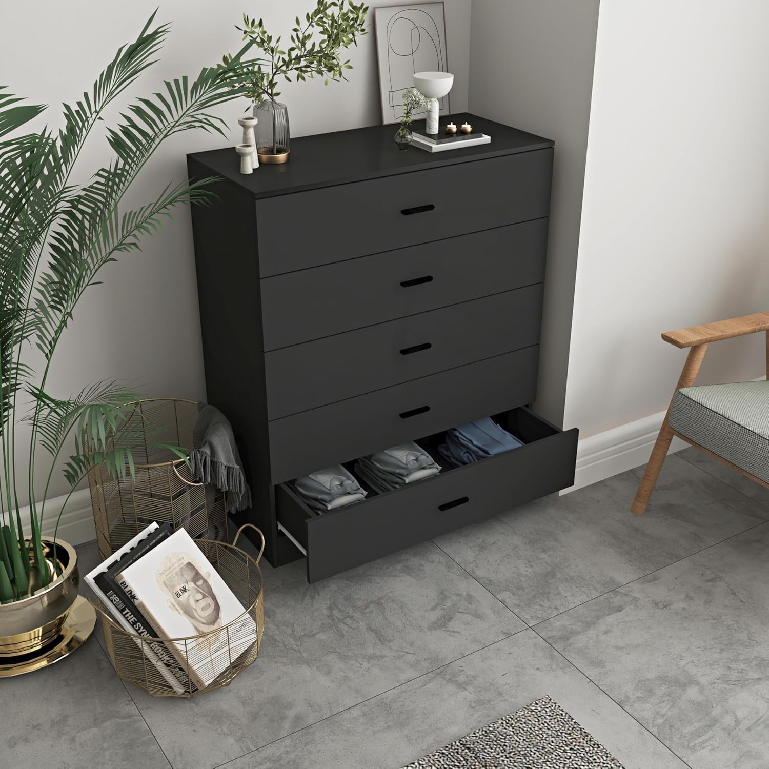 5 Drawer Black Wooden Chest Bedroom Storage Cabinet Polished Finish