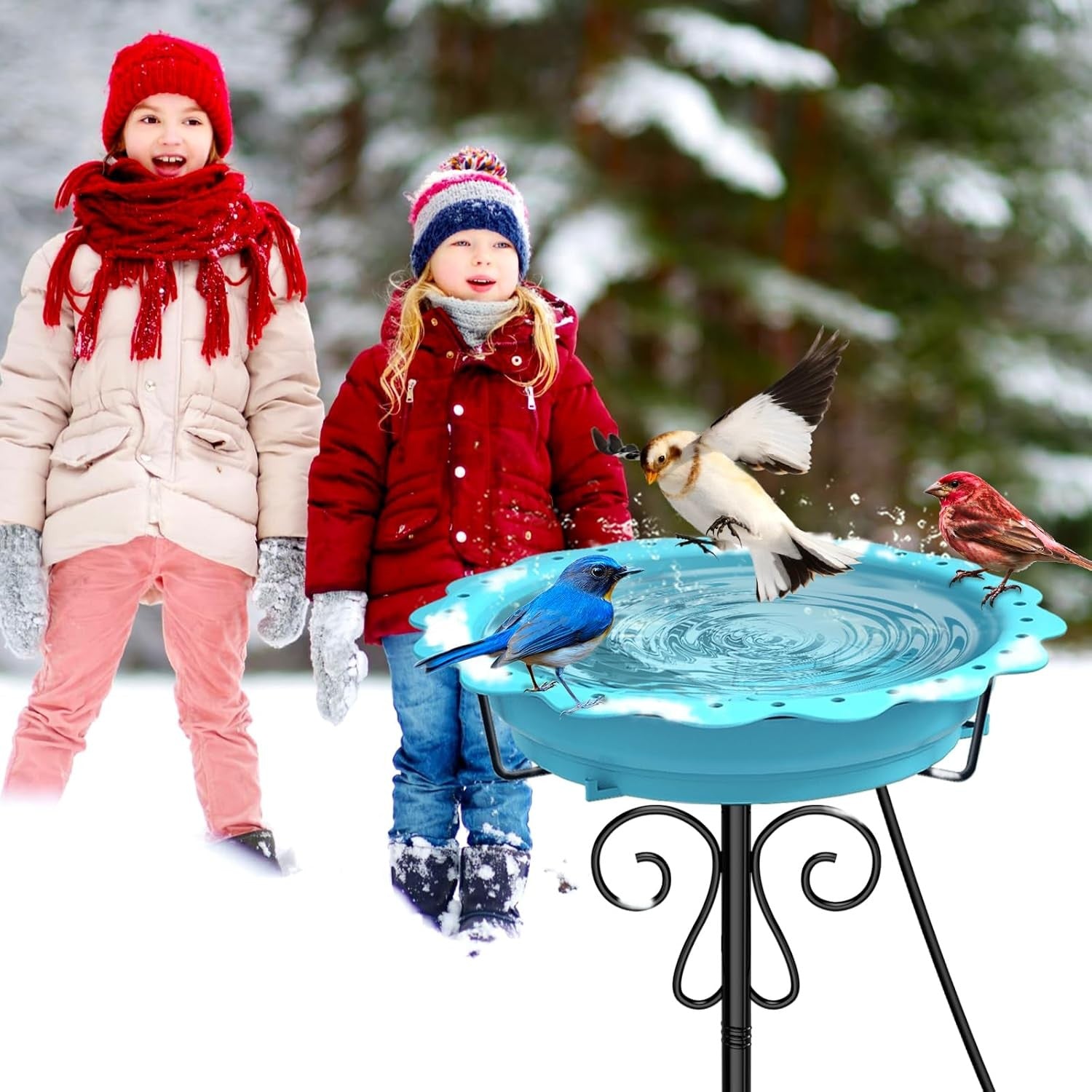 Heated Bird Bath Blue Outdoor Water Feeder 100W Thermostat Metal Stand Winter