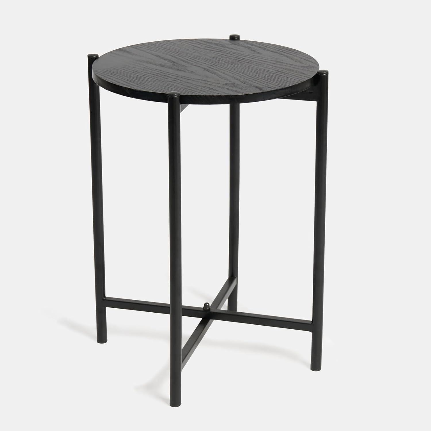 Round Black Marble Look Side Table Small Coffee End Table with Metal Frame