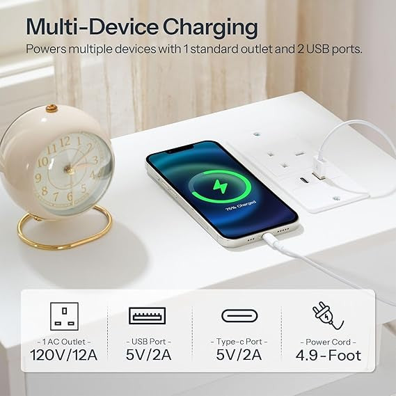 White LED Bedside Table With Charging Station | 2 Drawer Modern Nightstand