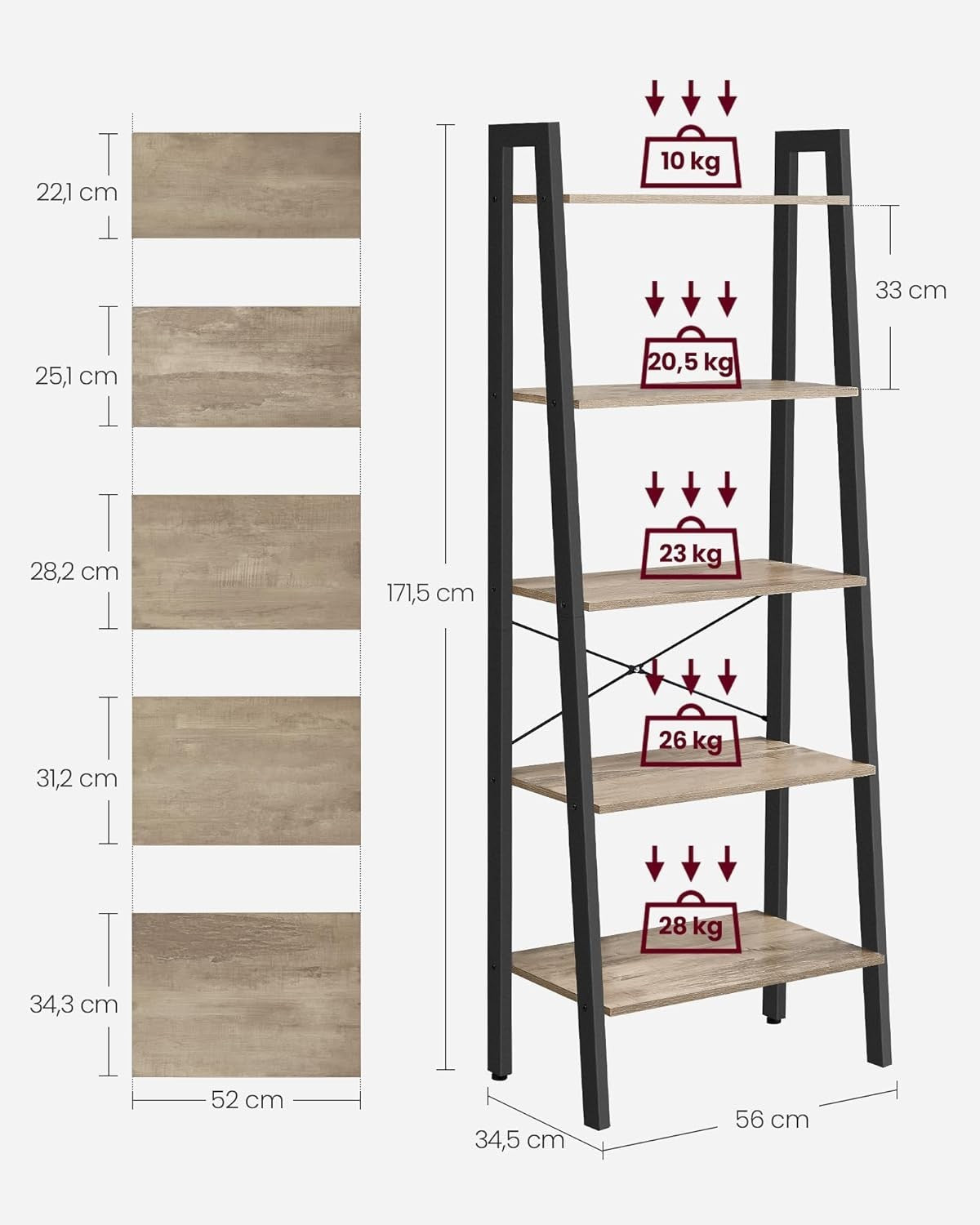 5-Tier Industrial Ladder Shelf Bookcase Storage Rack Space-Saving Unit