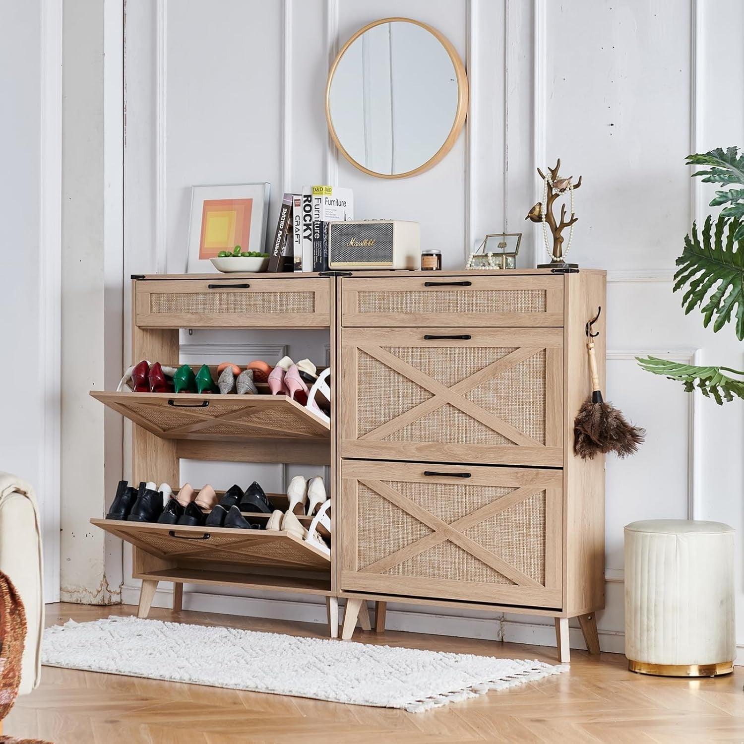 Slim Entryway Shoe Cabinet with Rattan Flip Drawers & Adjustable Shelves