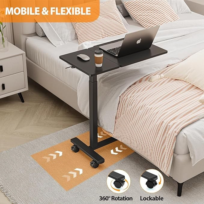 Overbed Laptop Table Tilt Top C Shaped Height Adjustable on Wheels 70x40cm