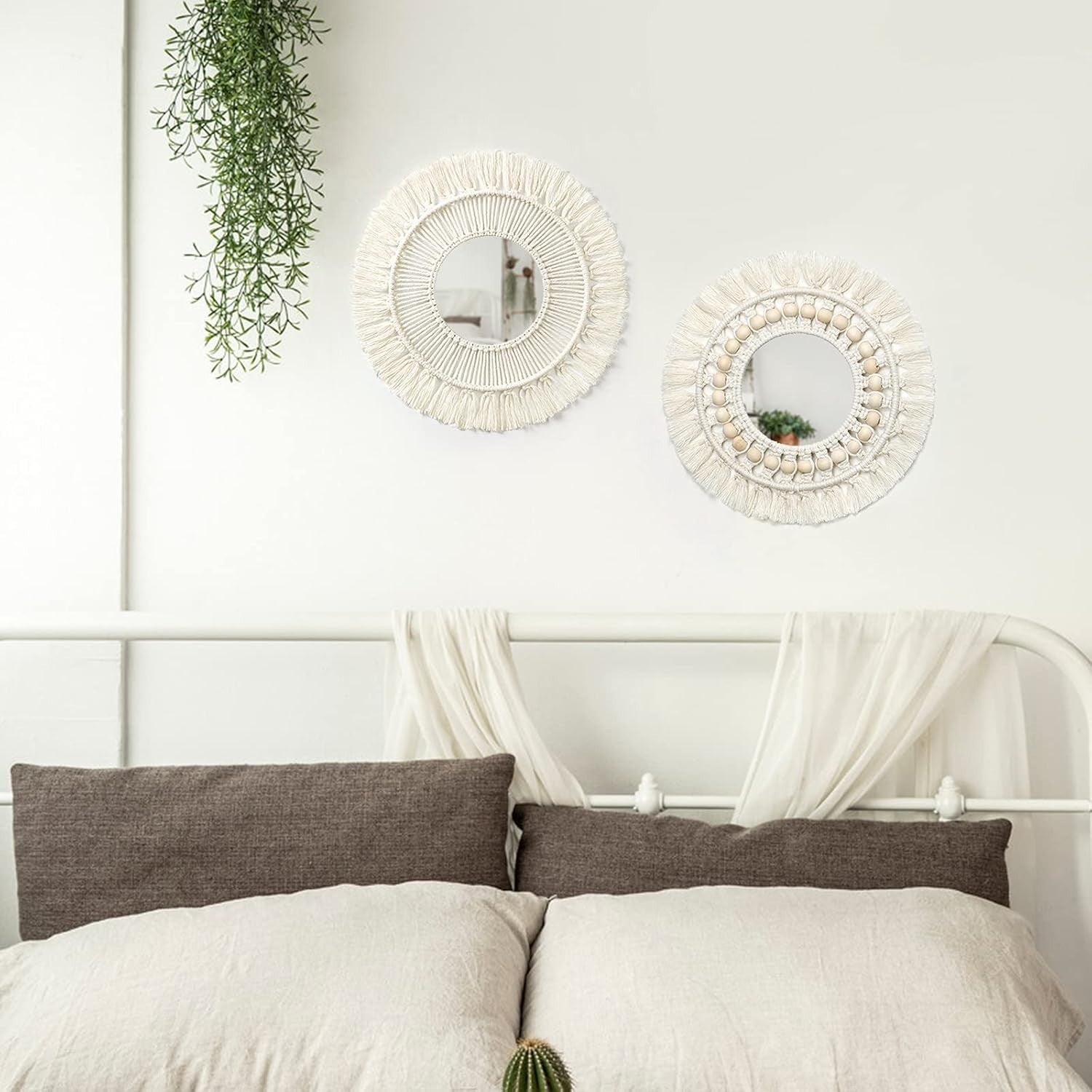 Round Boho Macrame Wall Mirror 36cm Fringe Bedroom Decor