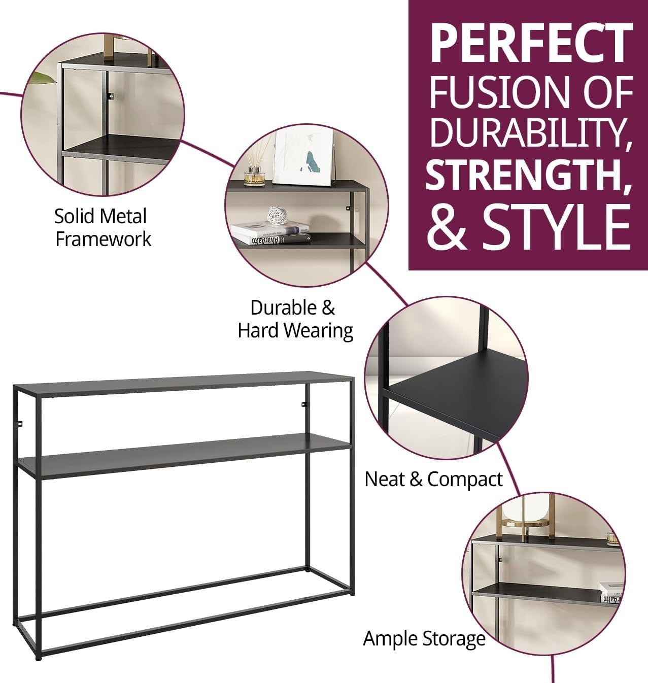 Black Metal Console Table with Shelf, Narrow Hallway Side Table, Storage