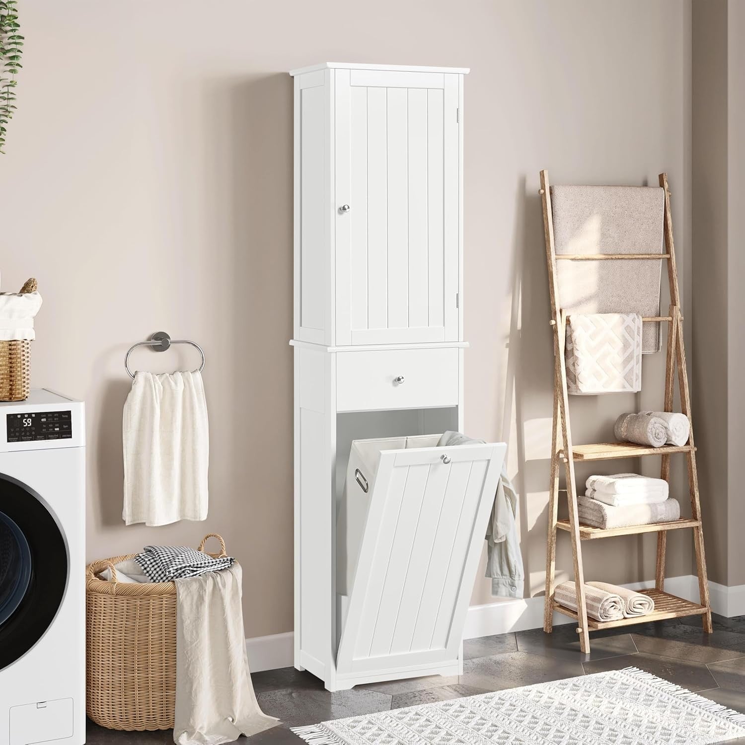 Tall Bathroom Cabinet with Tilt-Out Laundry Basket & Storage Shelves | 180cm Whi