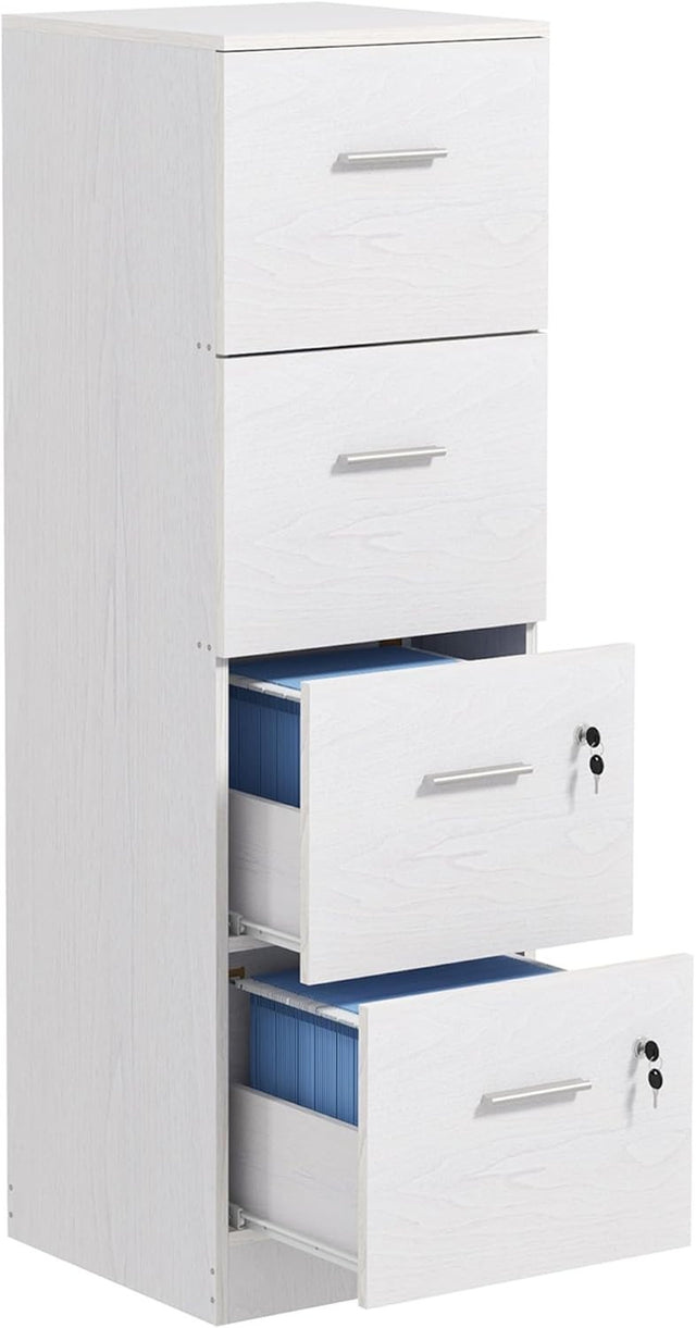 4 Drawer Vertical Filing Cabinet with Lock Office Storage White Wood Effect