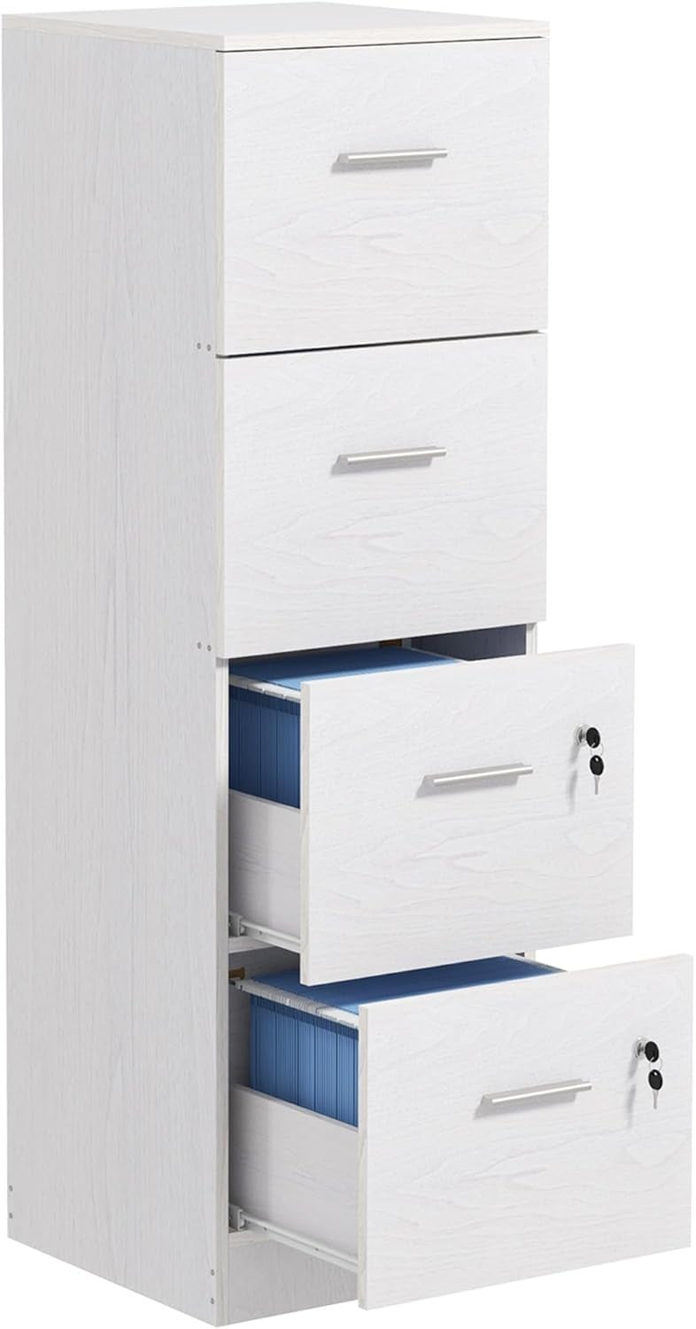 4 Drawer Vertical Filing Cabinet with Lock Office Storage White Wood Effect