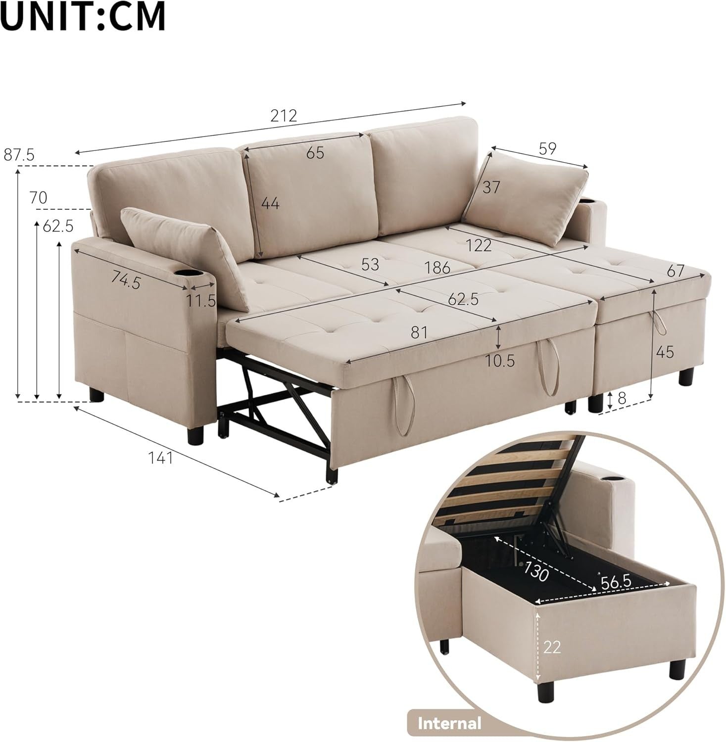 L Shape Sofa Bed w/Storage Pull Out Sleeper Cup Holders Beige 3 Seater