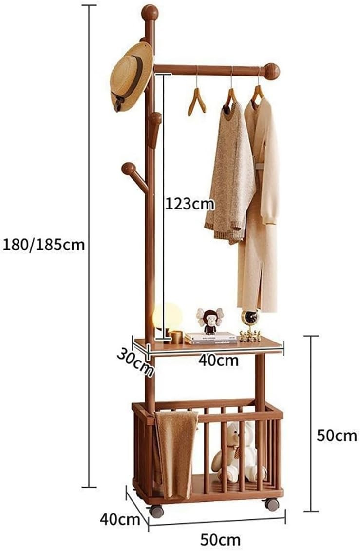 White Solid Wood Coat Rack with Wheels & Storage Basket Freestanding Hall Stand