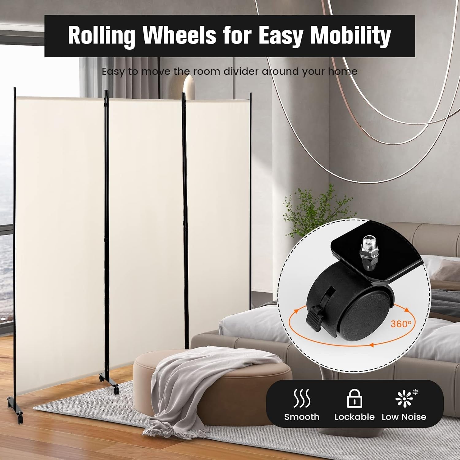 3 Panel Beige Folding Room Divider Privacy Screen on Wheels for Home Office