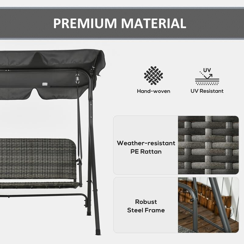 3-Seater Grey Rattan Garden Swing Chair with Canopy Outdoor Patio Seat
