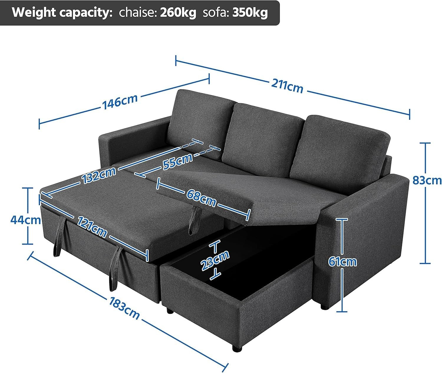 Grey L-Shaped Sofa Bed 3 Seater Pull Out Storage Corner Couch Modern