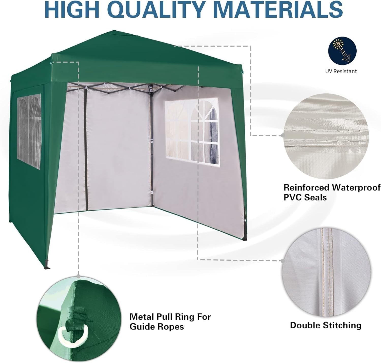 2x2m Pop Up Gazebo Waterproof w/ Sides Green Silver Protective Canopy