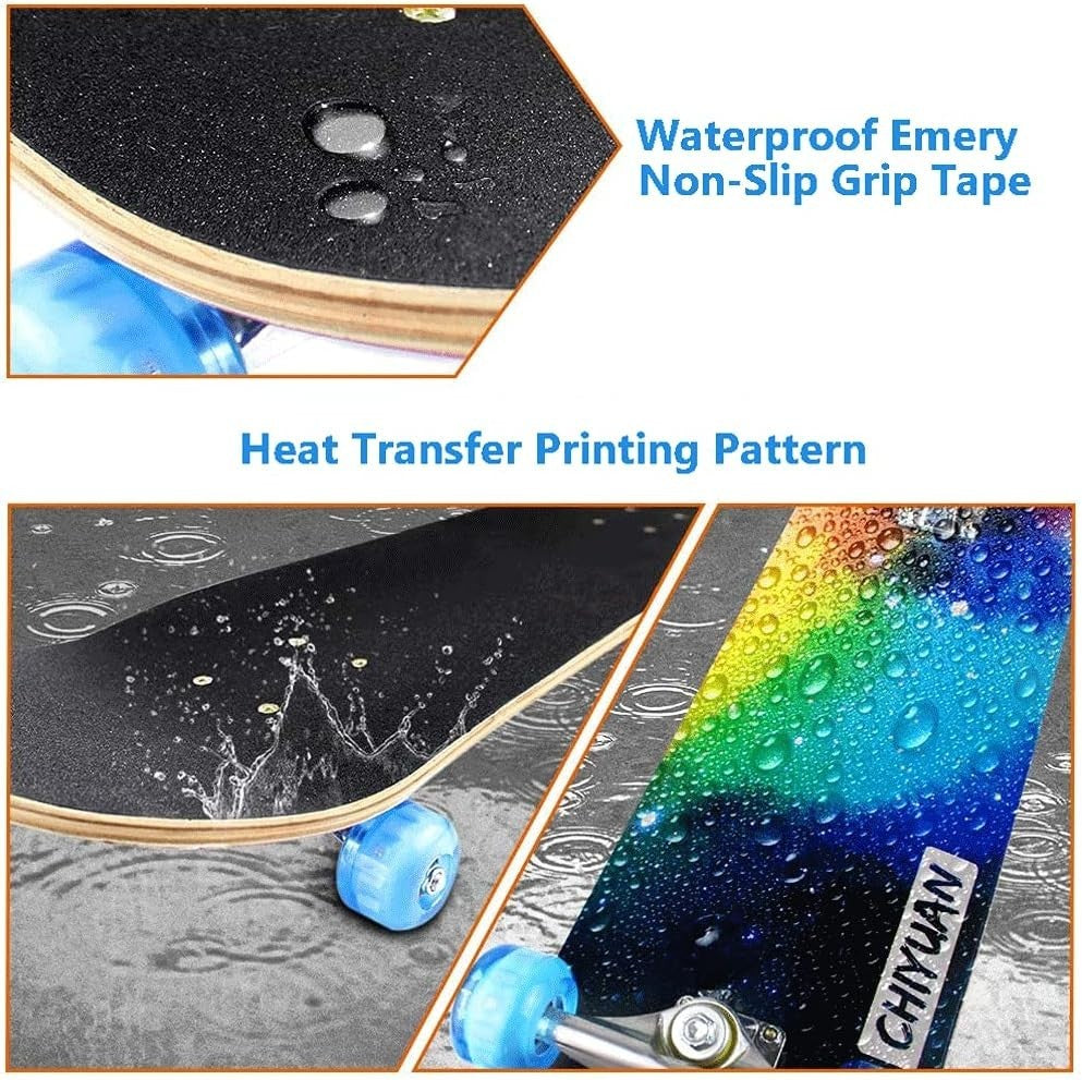 31" Double Kick Maple Skateboard w Flashing Wheels Kids Teens Beginners