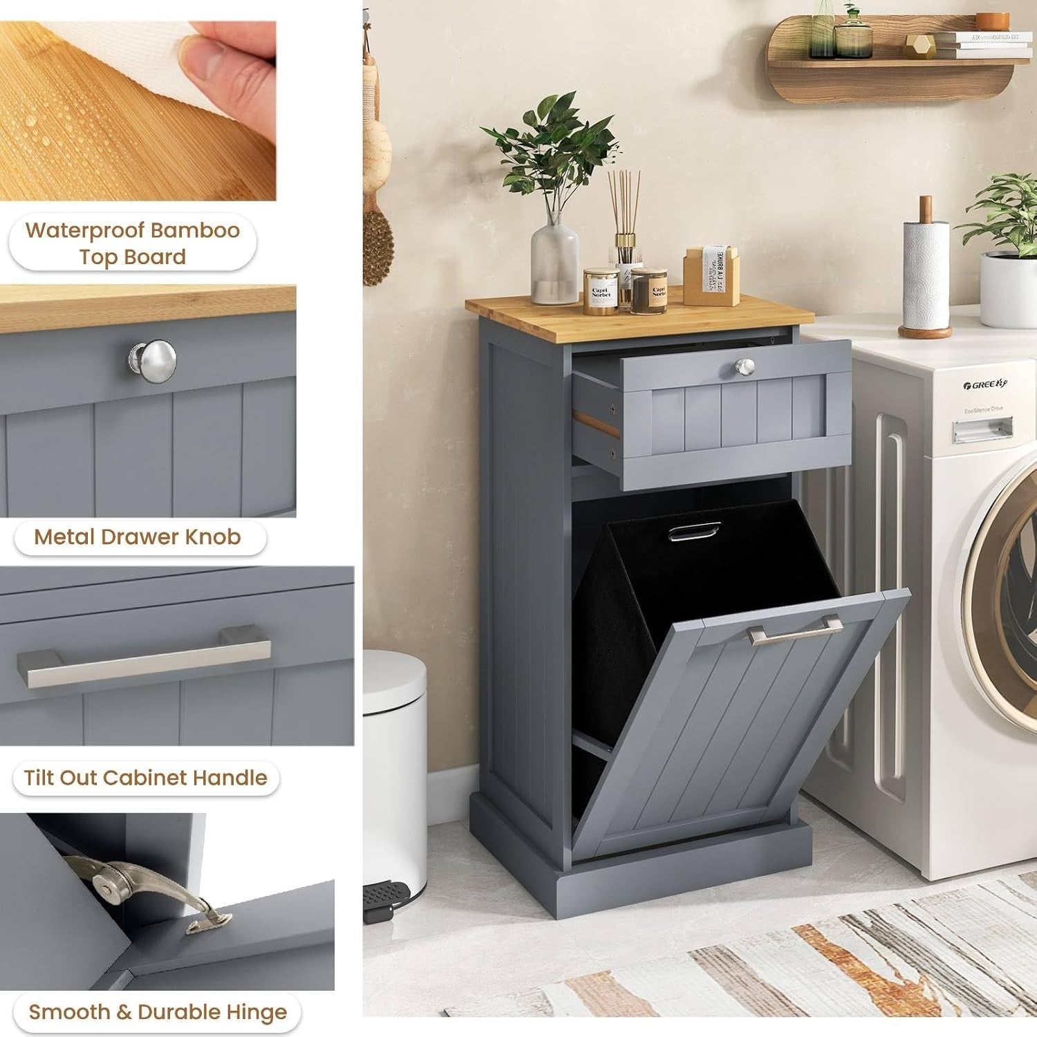 Grey Tilt-Out Laundry Hamper Cabinet with Drawer 30L Basket Bathroom Unit