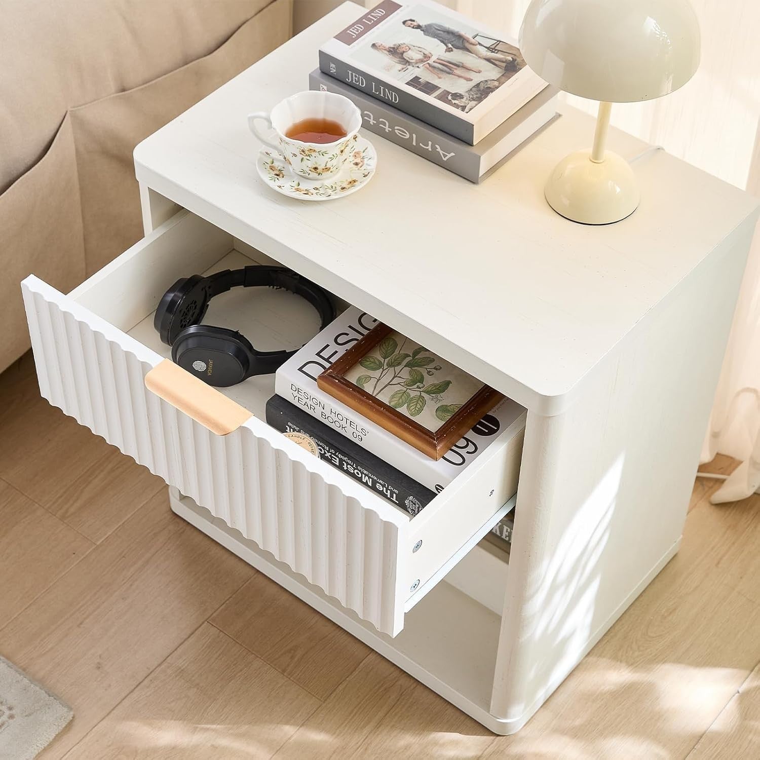 White Fluted Bedside Table with Drawer Modern Nightstand Storage Cabinet