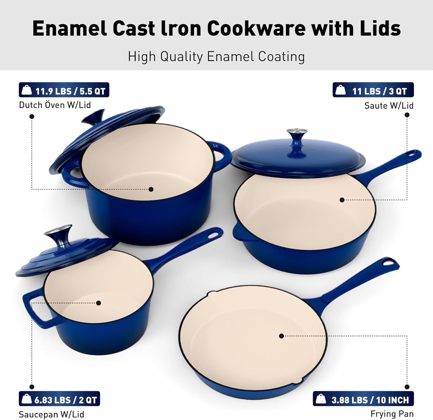 7Pcs Blue Enamelled Cast Iron Cookware Set Non Stick Dutch Oven with Lids