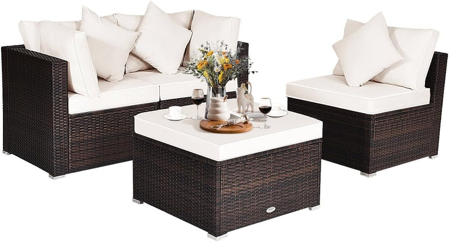 4PC White Rattan Garden Sofa Set Modular Patio Lounge Coffee Table Cushions