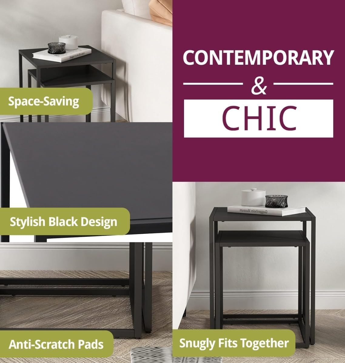 Modern Square End Side Table Black Metal Nightstand Coffee Accent Desk 40x40cm