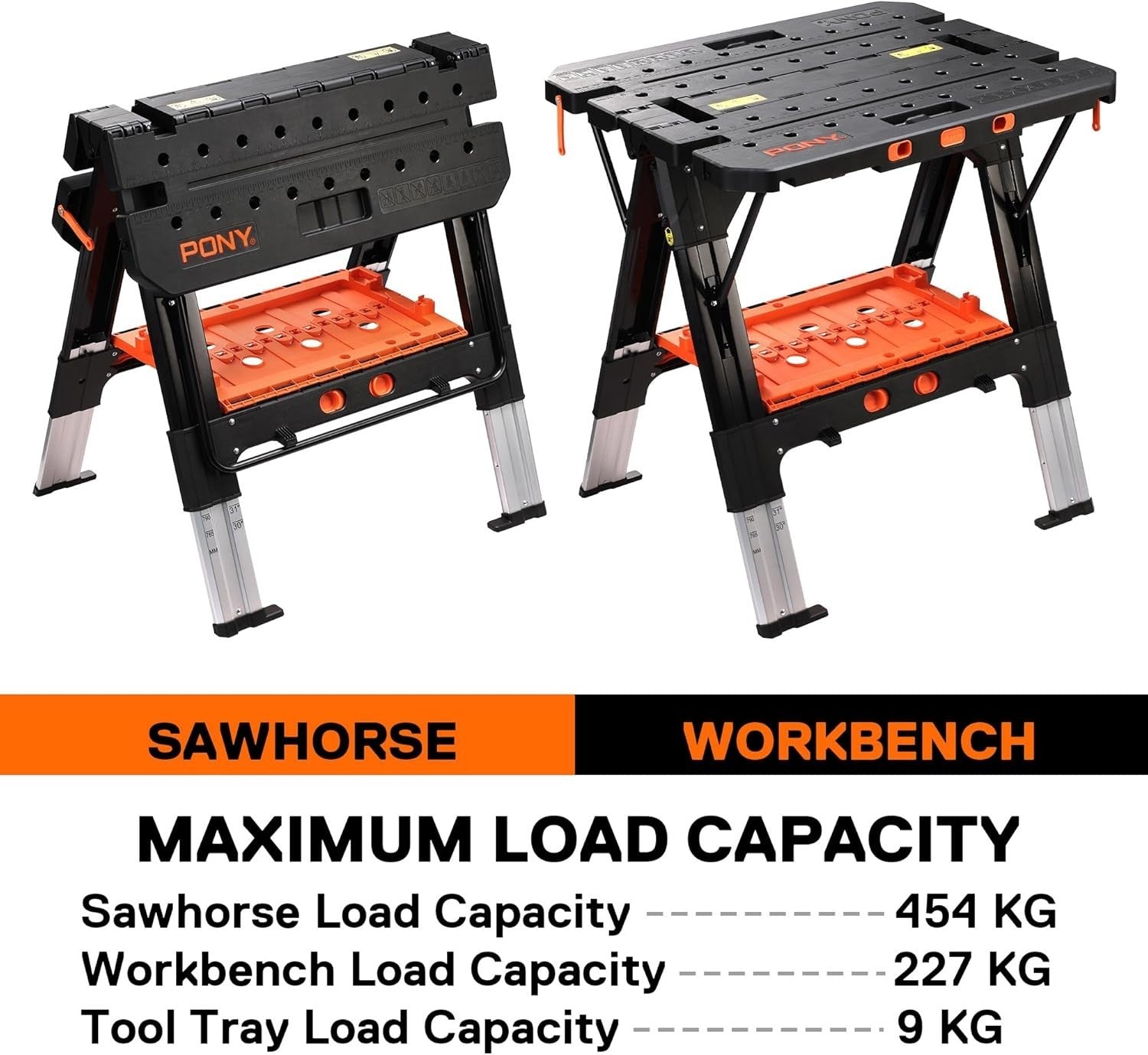 2-in-1 Folding Workbench & Sawhorse 454kg Load 6-Height Table with Clamps
